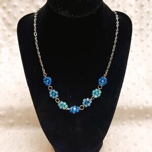Urban Outfitters Shades of Blue Beaded Floral Design 10" Silver Tone Choker